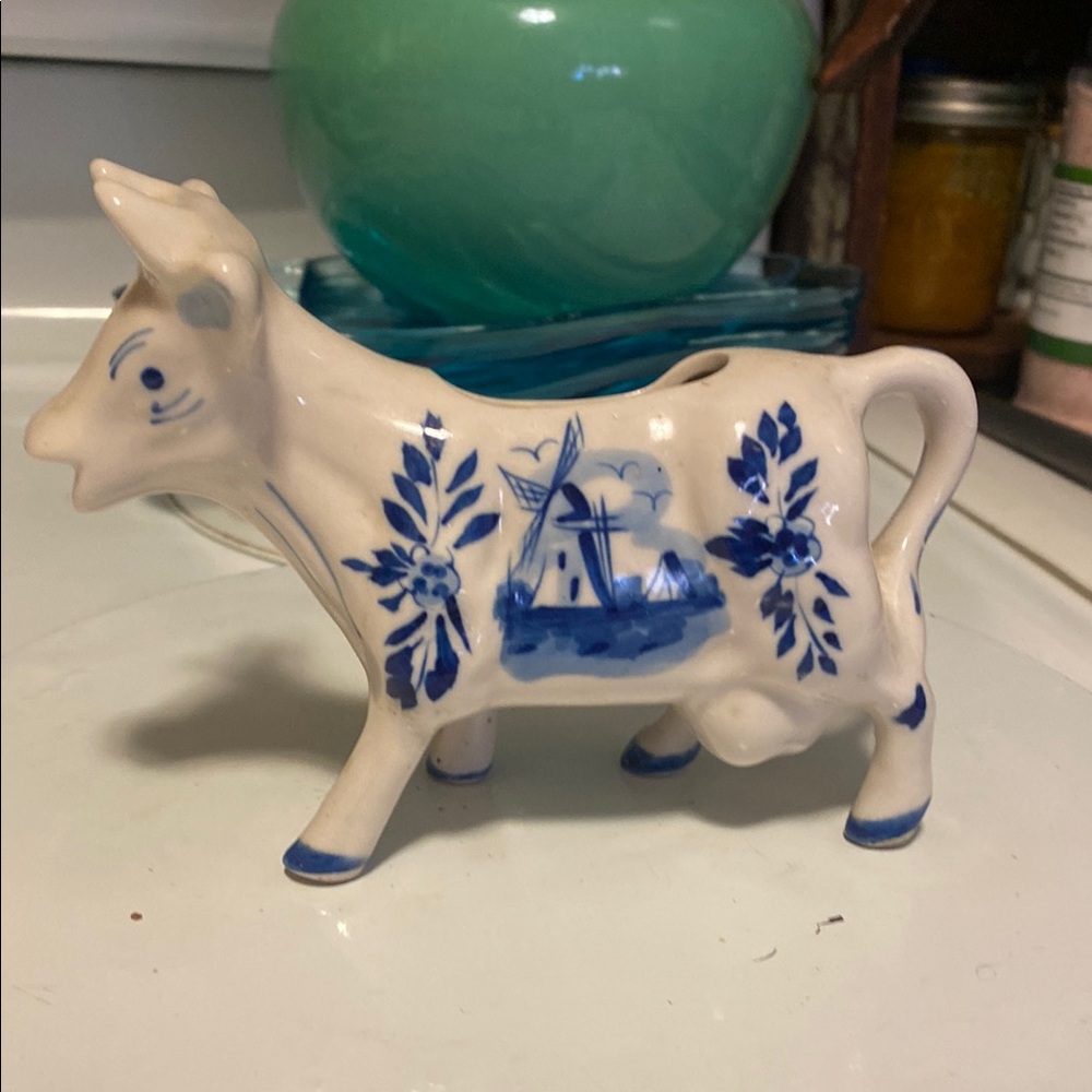 Delft Holland Windmill Hand Painted Ceramic White & Blue Cow Creamer Vintage